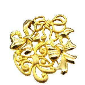 Vintage Tona Bows Brooch, Holiday Gold Tone Matte and Satin, Elegant Christmas